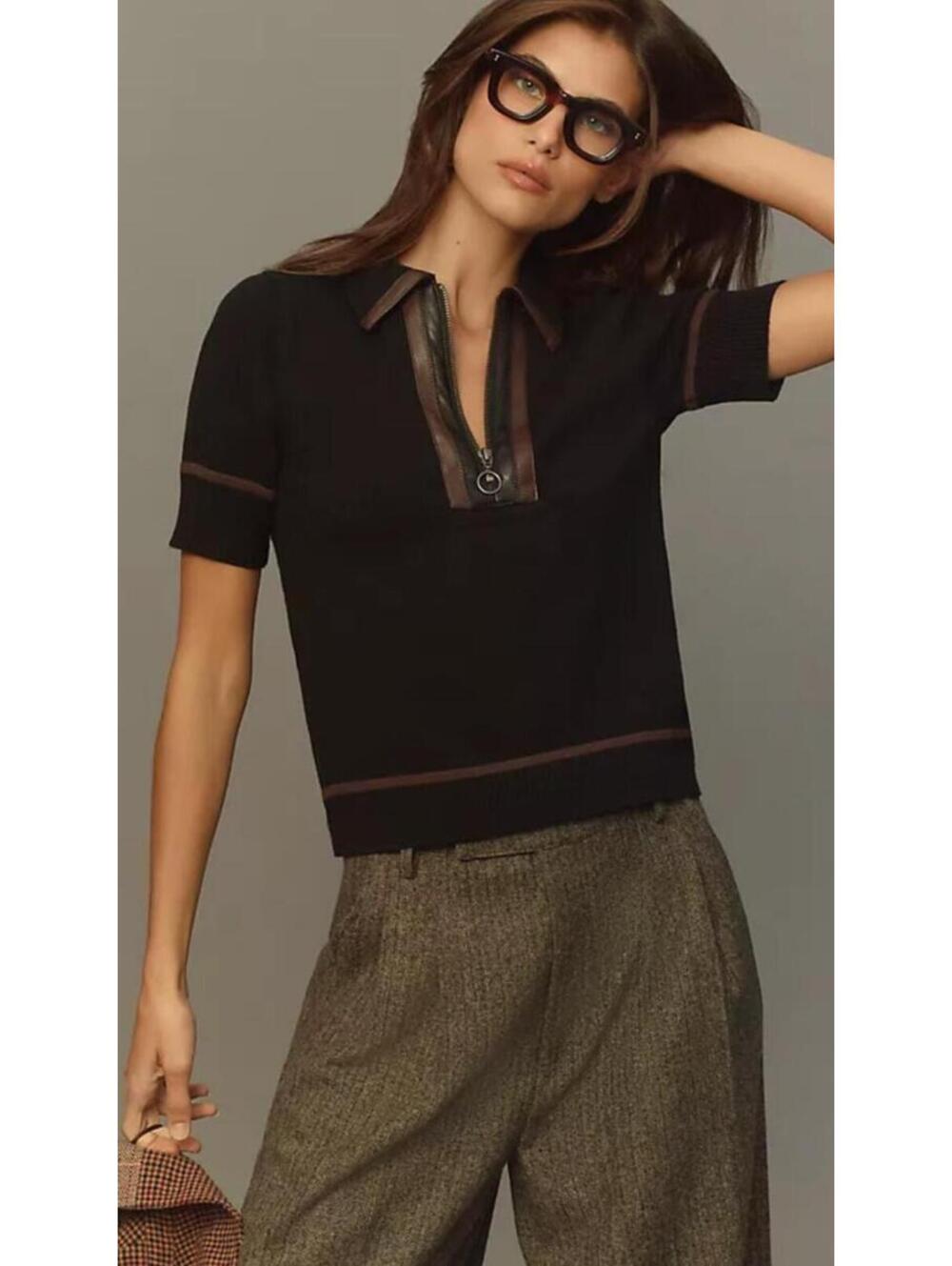 NWT By Anthropologie Faux-Leather Tipped Black Half-Zip Polo Top M